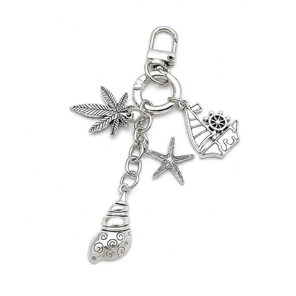 Silver Starfish Sailboat Conch Seashell Nautical Beach Keychain Bag Charm NEW